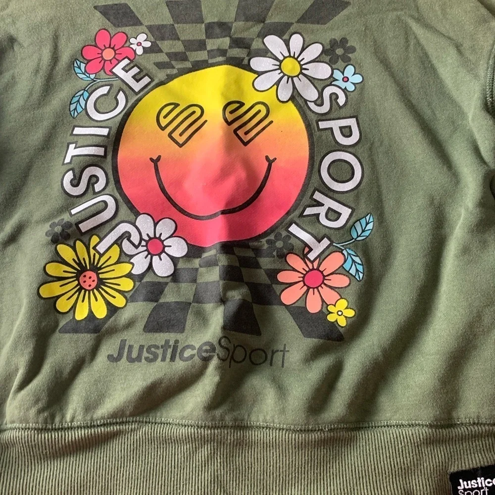 Justice Sport Olive Green Smiley Floral Sweatshirt Medium